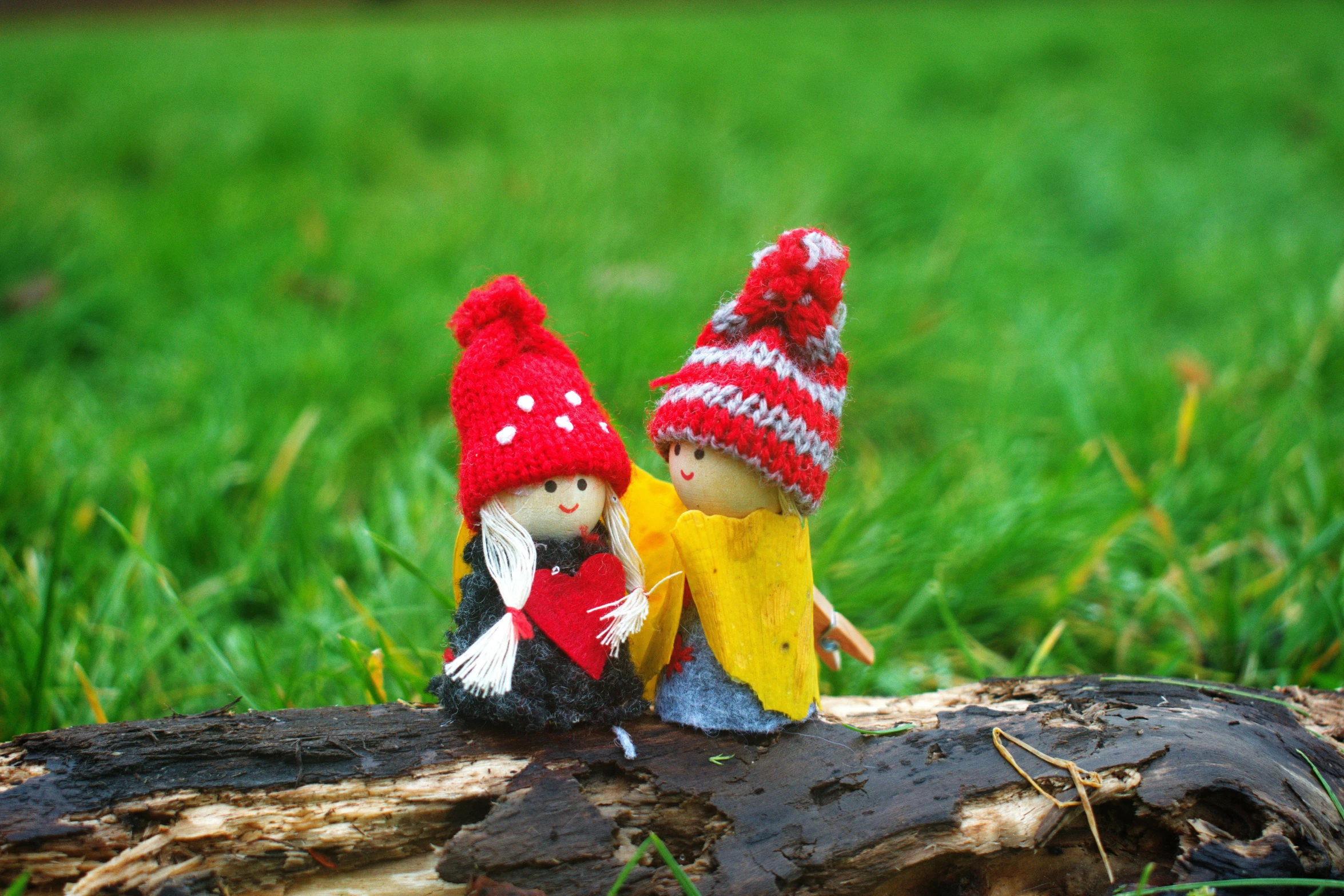 two small knitted gnomes on top of a log