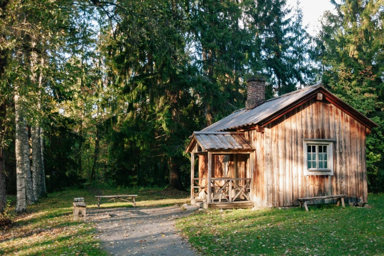 an old log cabin in the middle of a forest