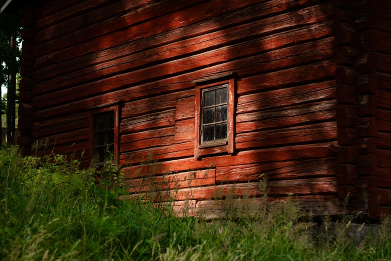 the brown barn is made of wood and is surrounded by tall grass