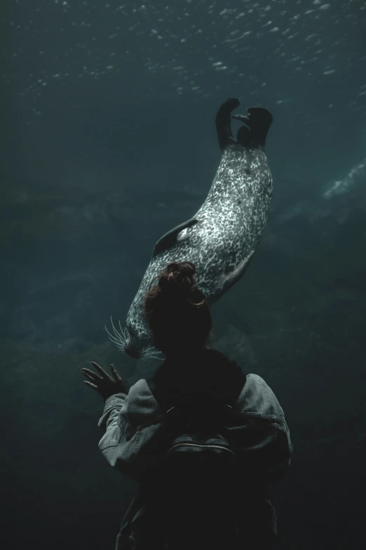 a woman is looking up at an animal that is swimming on the water