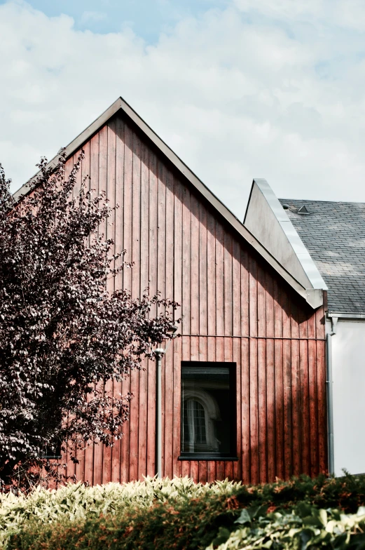 the small tree and shrub are by the small red barn