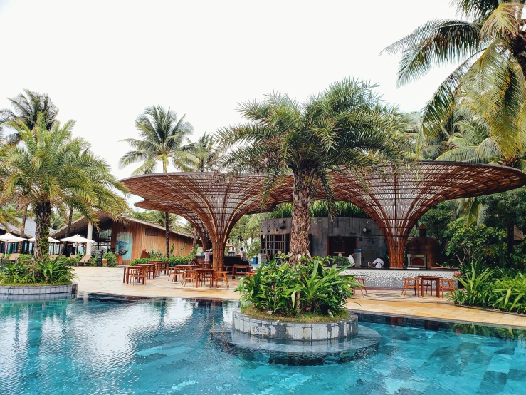 a blue pool with chairs and tables surrounded by palm trees