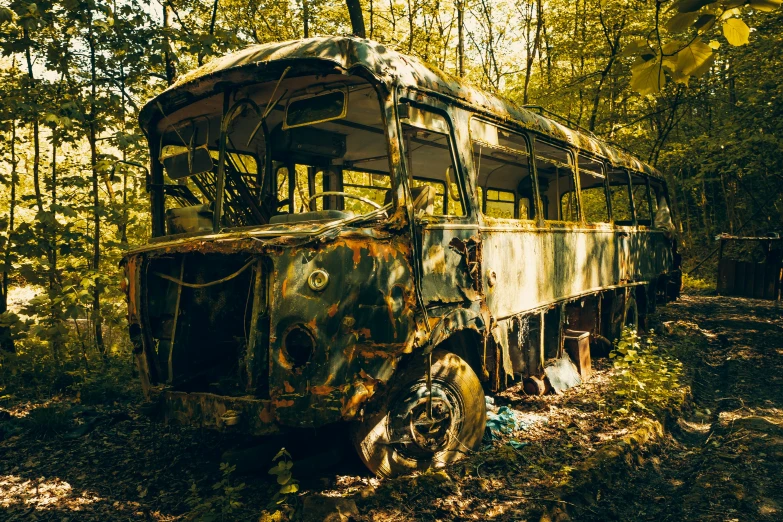 an abandoned bus parked in the woods near some trees