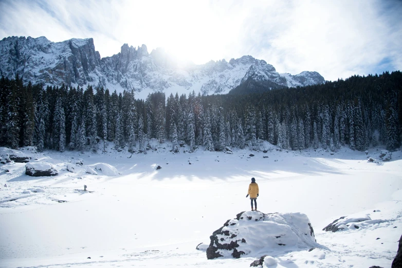 a man standing in the middle of snowy terrain