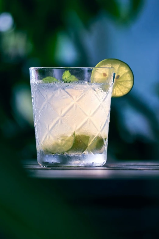 a glass of water with a lime slice