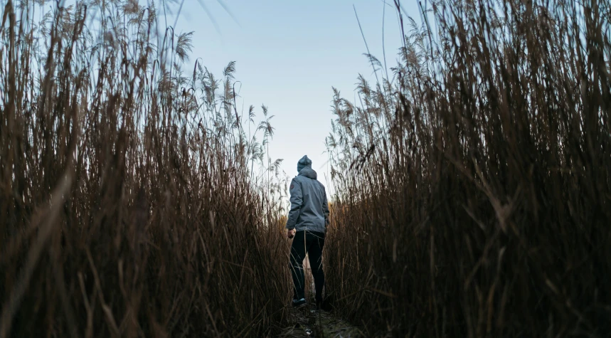 the person is standing in a field full of tall grass