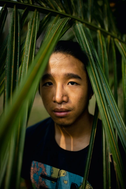 a man standing underneath palm tree leaves wearing a black shirt