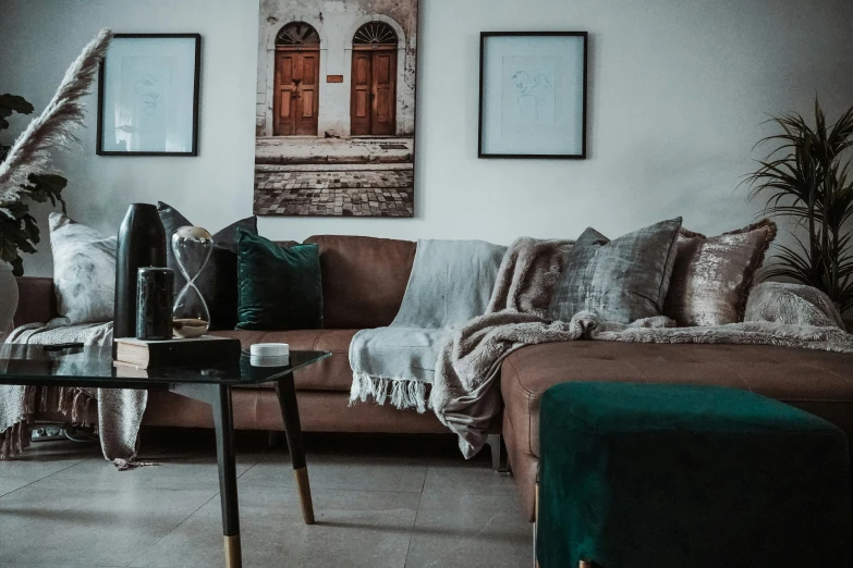 the living room is full of pillows and furniture