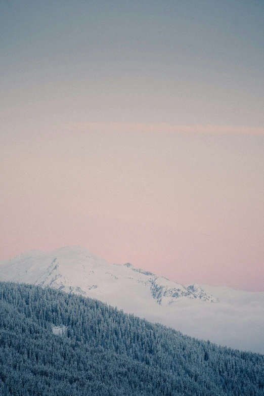 snowy mountains in the distance with pink sky