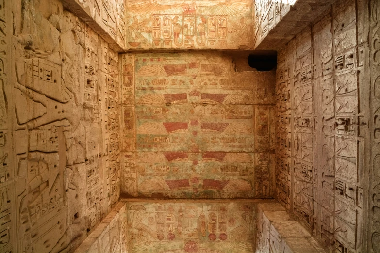 the inside of an egyptian temple with a skylight