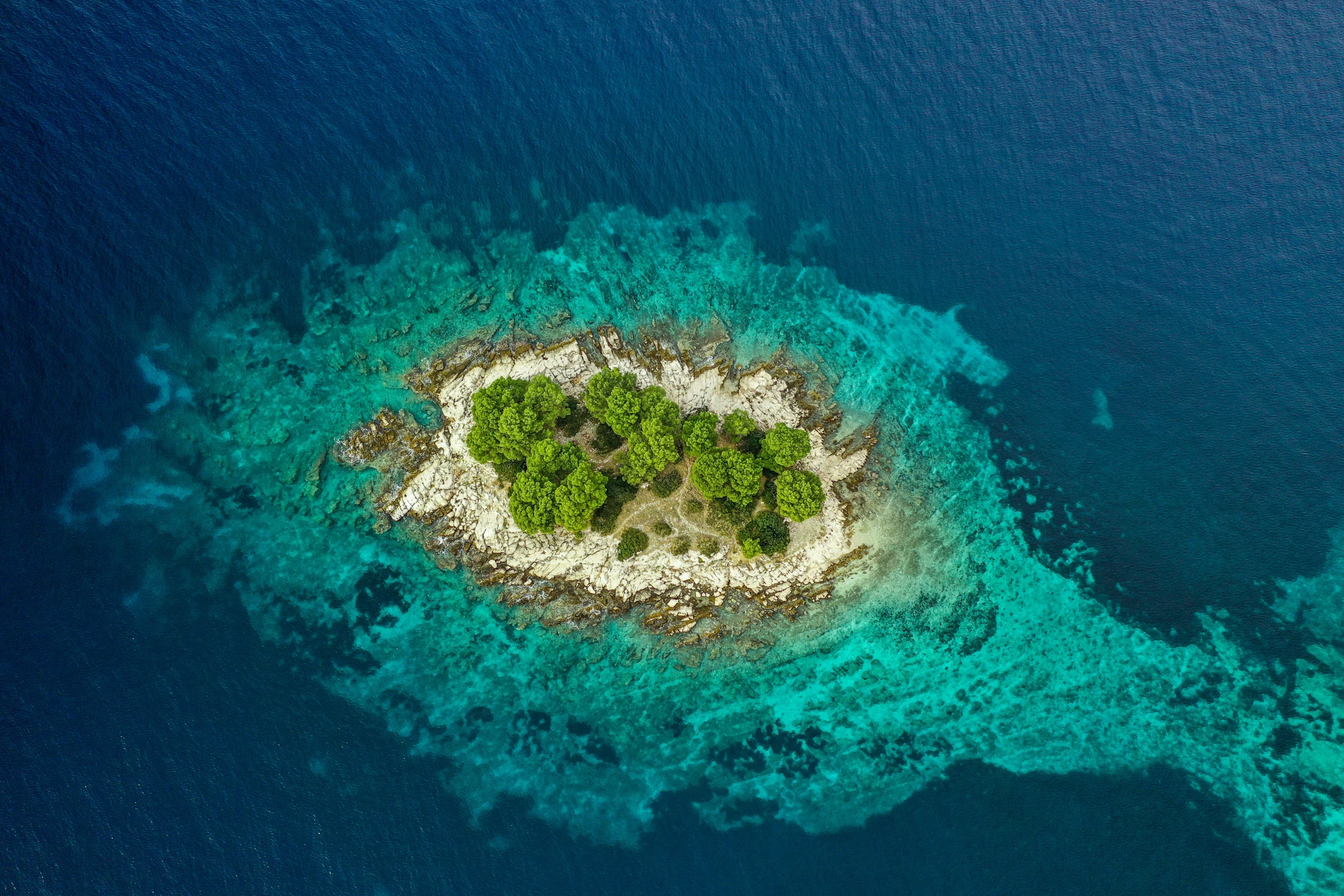 an island in the middle of the water with green trees