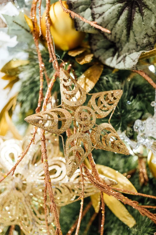 a star decoration is attached to a tree