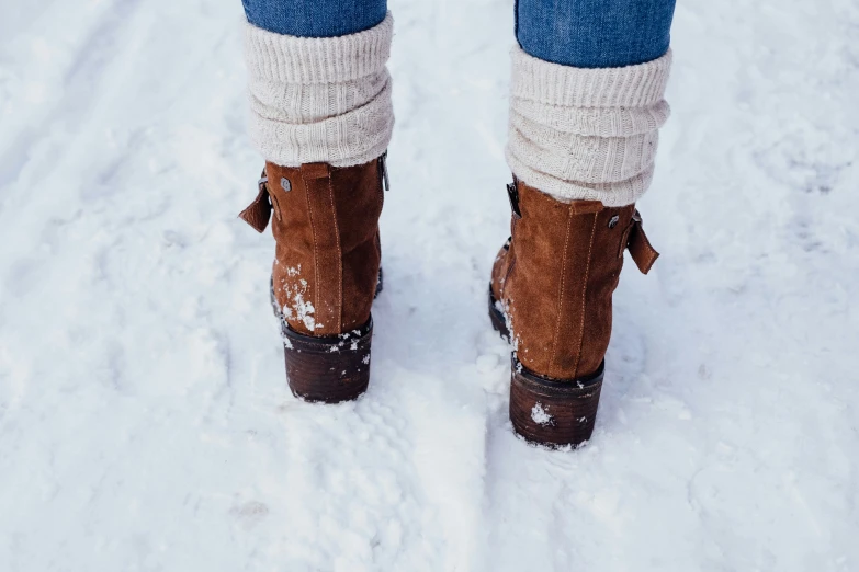 a close up of a person wearing snow boots