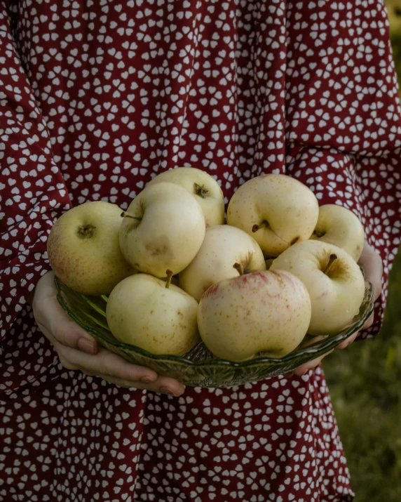 a person wearing a red dress and holding a bowl with apples in it