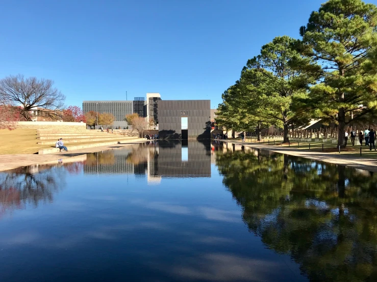 a beautiful body of water sitting between trees