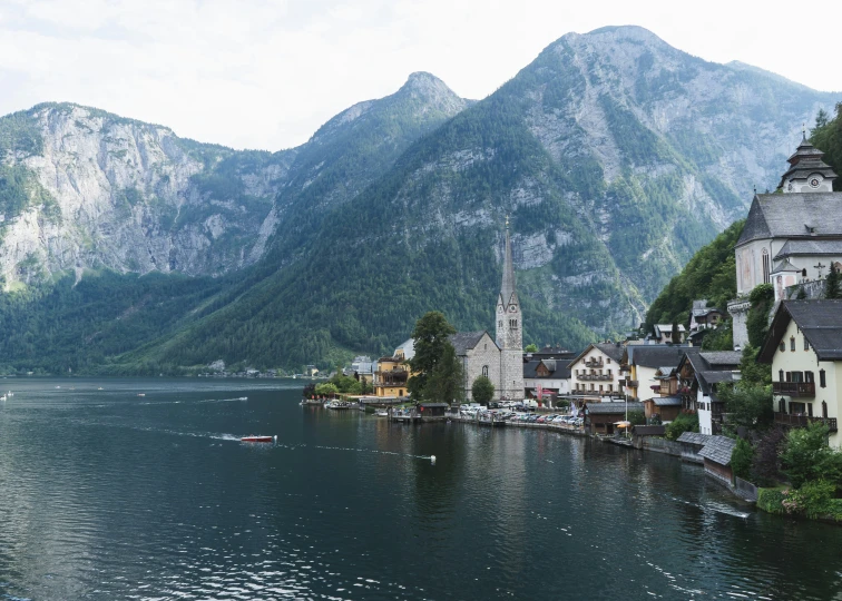 a scenic view of a small town on the water