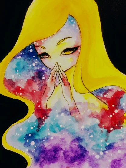 an illustration of a woman in the space with her hands to her face