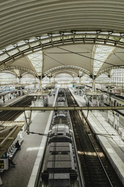 a large train station with a single row of trains in it