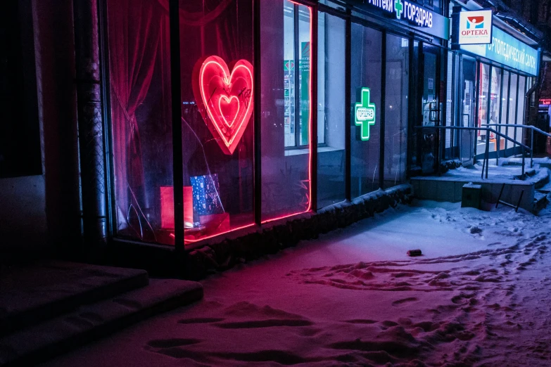 a storefront display at night illuminated with neon lights