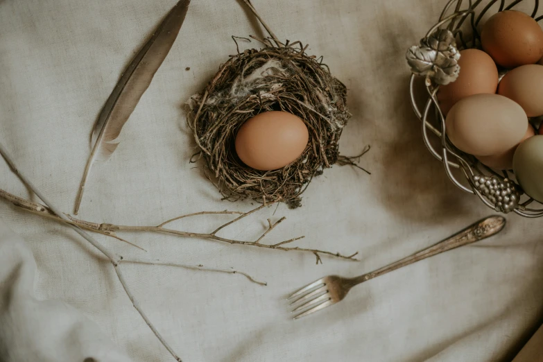 a group of eggs and some spoons on a bed