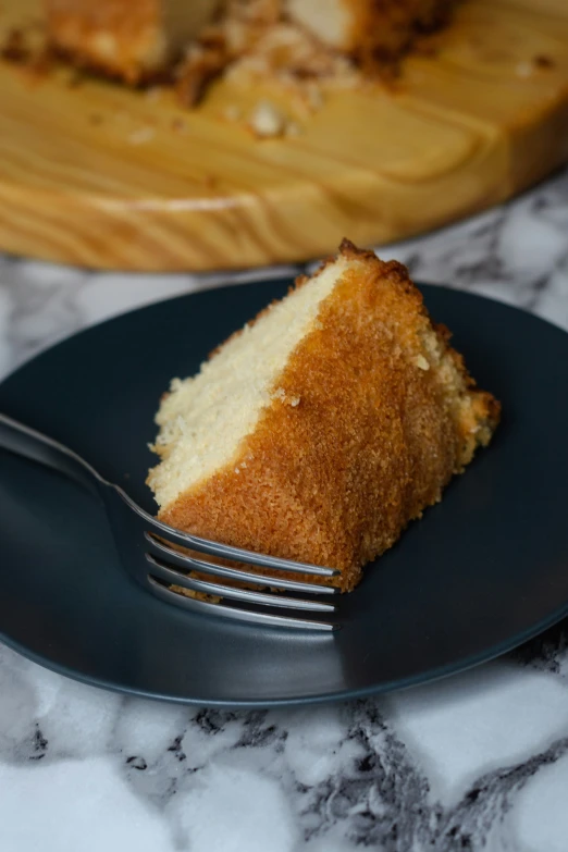 a slice of cake that has been placed on a blue plate