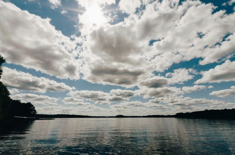 clouds and blue sky reflect off the water