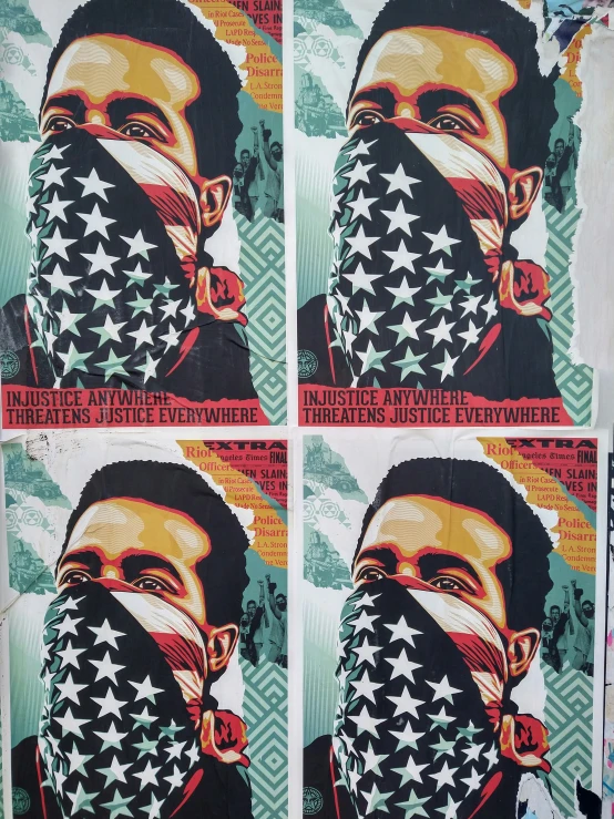 posters, with a man's face with a bandaged bandanna