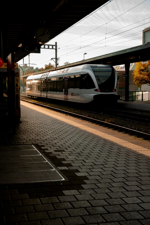 a train traveling under a bridge near the side of a street