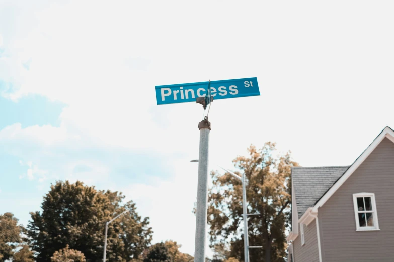 a street sign for princess st on a pole in front of a house
