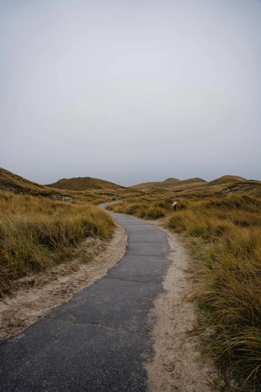 the road is empty and there are grass on the hill