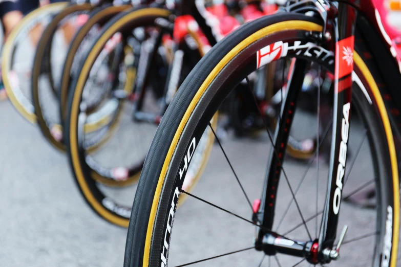 several different bike wheels on the same track