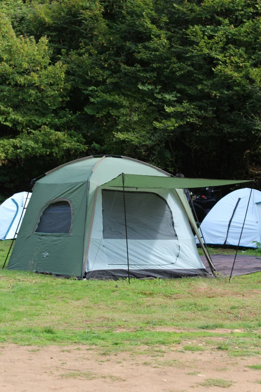 tents are pitched up in a field in front of trees