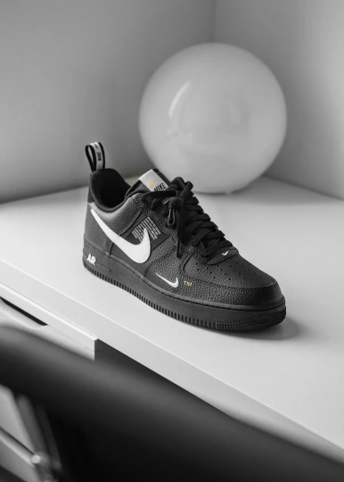 black and white po of a pair of nike air force sneakers