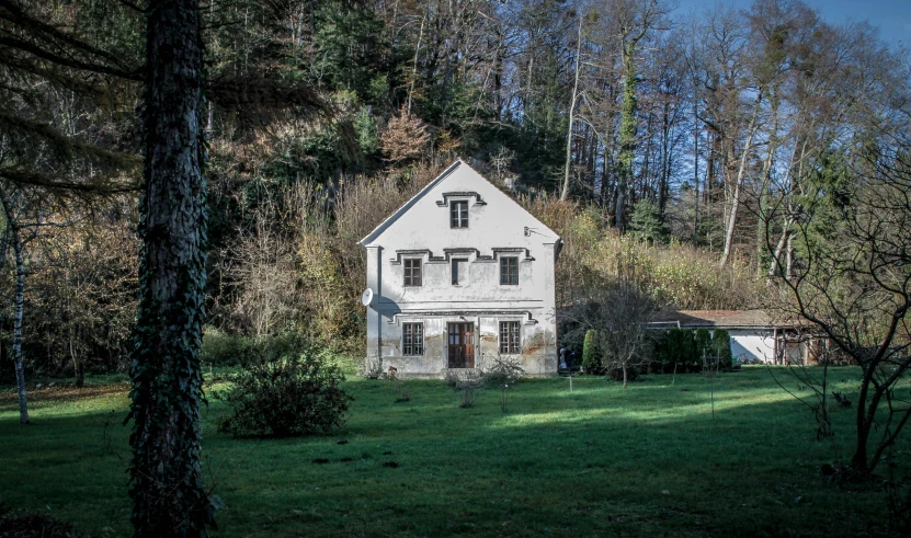 this is a view of an old abandoned house surrounded by trees