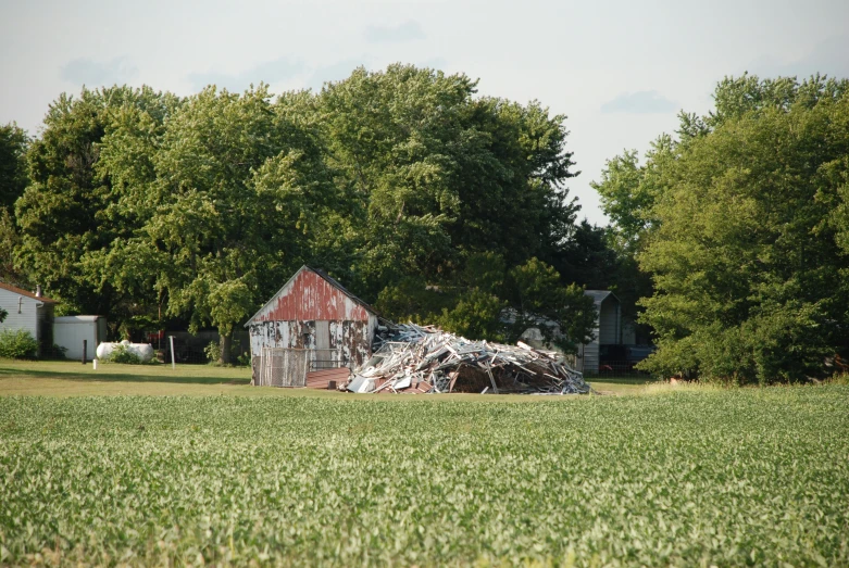 a red barn sitting in a green field near a forest