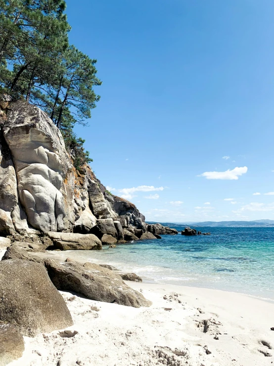 a beach with water and some rocks in the sand