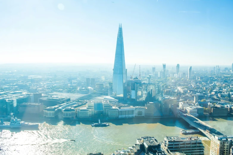 this is a view from above the buildings and surrounding water