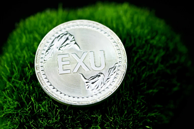 a closeup of a small silver round with exu written on the bottom