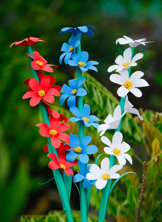 three tall flower stems with multicolored flowers on them