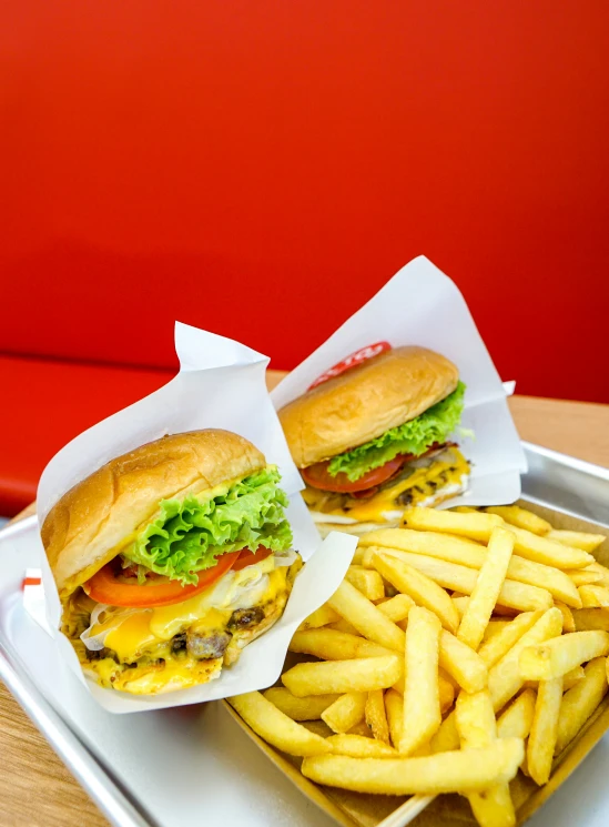 a tray of food and a red chair