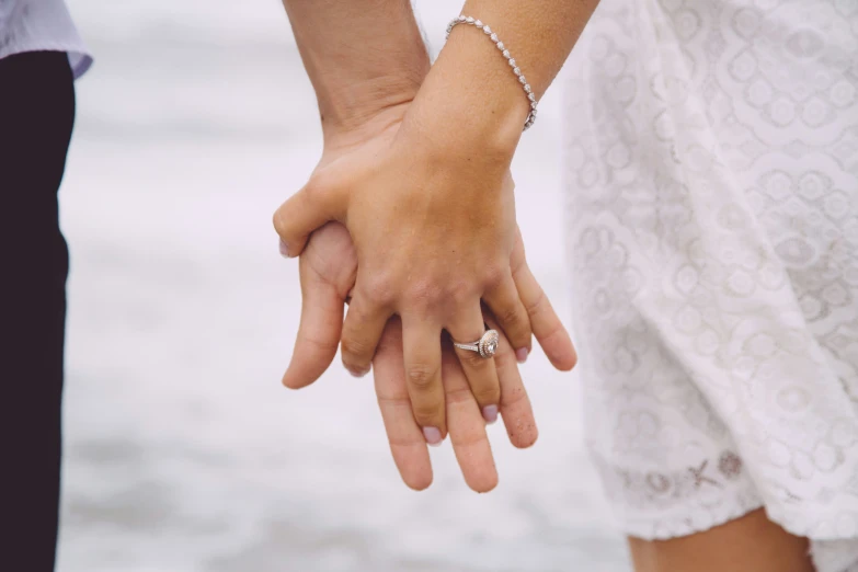 a couple holding hands with each other by the ocean