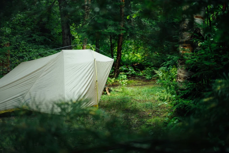 there is an out door tent set up in the woods