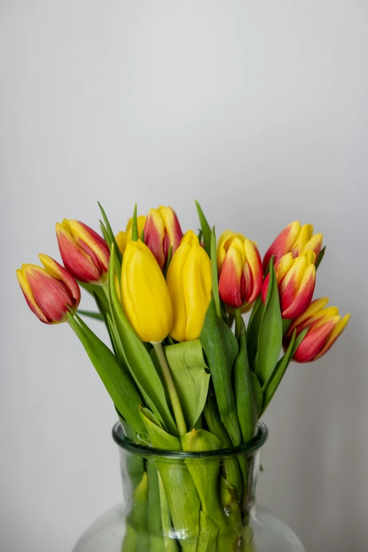 some yellow and red flowers are in a vase