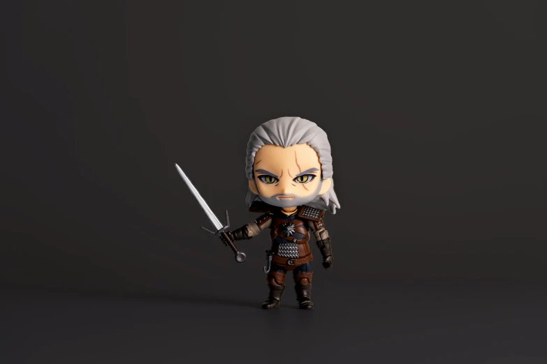 a man with white hair and an evil look holds up a sword