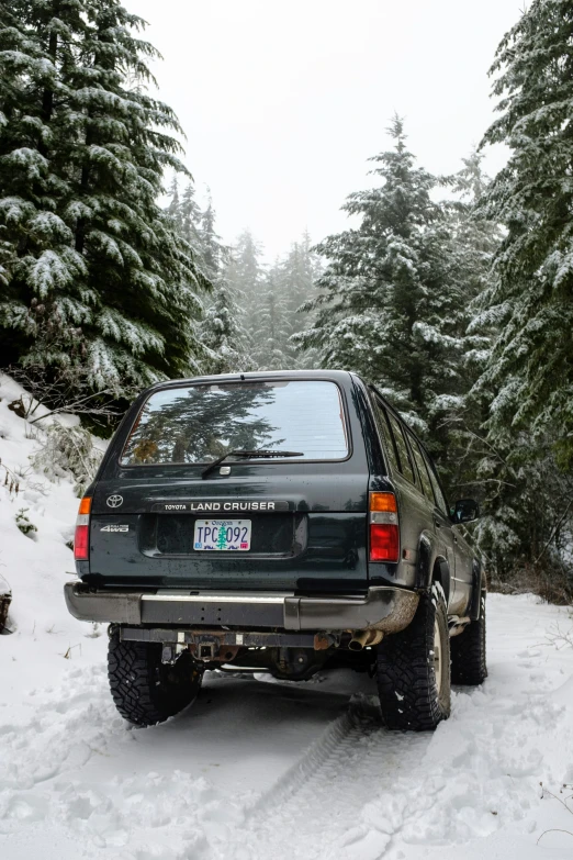 a truck is parked in a snowy area surrounded by trees