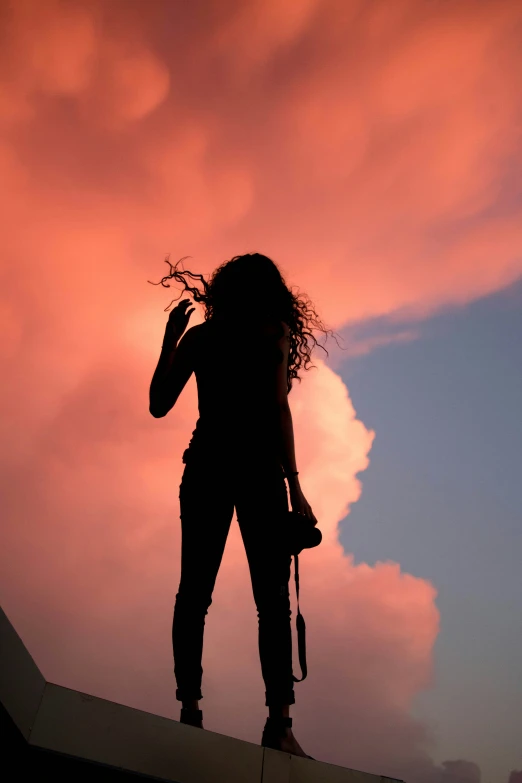 silhouette of a woman holding her cell phone against the sky
