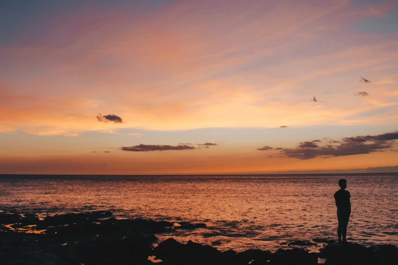 a lone surfer stands watching the sunset on an ocean shore