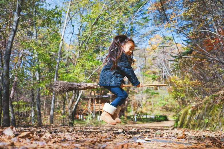 a  on a broom in the woods