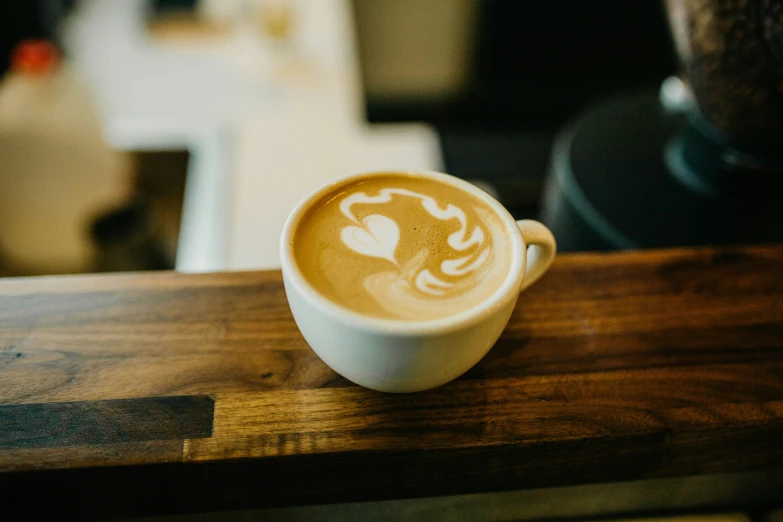 cup of cappuccino on wooden table in cafe