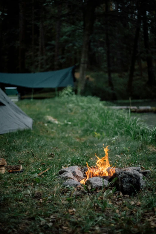a camp fire in the foreground with trees and a tent behind it